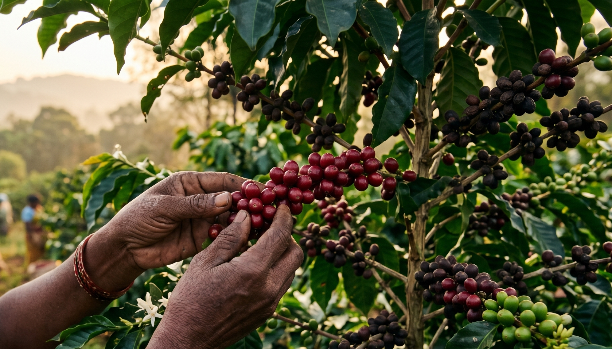 Hand picking coffee cherries